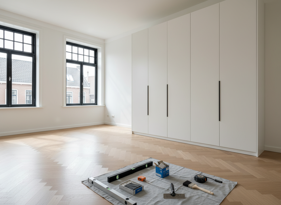 A bright, newly renovated Dutch living room in Den Haag, with smooth white plastered walls, wide oak herringbone floor, and large double-glazed windows in a classic city apartment facade. Built‑in storage lines one wall with perfectly aligned cabinet doors and matte black handles. In the foreground, a neatly arranged set of renovation tools rests on a clean dust sheet, hinting at recent work. Soft natural daylight enters from the left, casting gentle shadows and subtle reflections on the floor. Photographic realism, eye‑level composition with sharp focus throughout, conveying a professional, trustworthy renovation company that delivers clean, high‑quality finishes in local Den Haag homes.